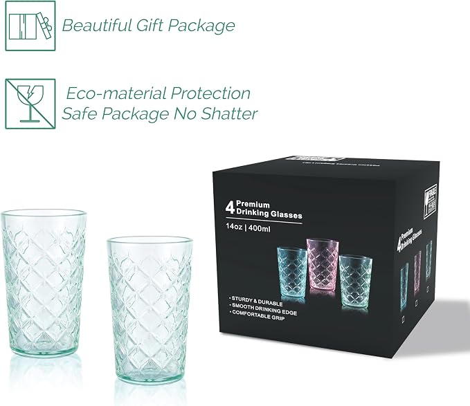 CREATIVELAND Drinking Highball Glasses Set of 4, Vintage Cross Hatch Glass Cups - Image 7