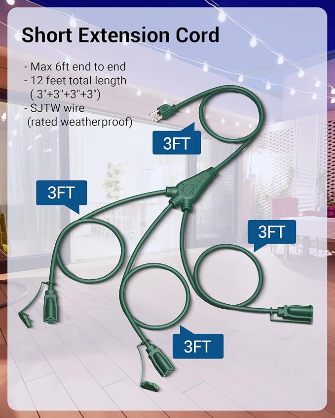 DEWENWILS Christmas Outdoor Extension Cord 1 to 3 Splitter, Total 12FT - Image 2