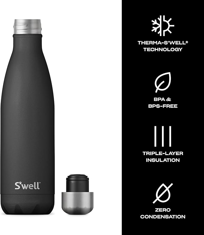 S’well Stainless Steel 17oz Water Bottle, Onyx Black, Triple-Layer Vacuum - Image 4