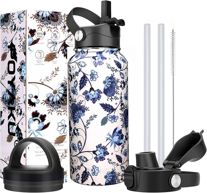 Water Bottle Insulated 32oz 40oz 64oz 128oz Straw Lid Spout Lid & 3 Lids by POYAKU