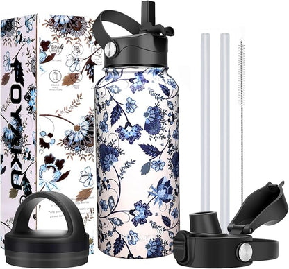 Water Bottle Insulated 32oz 40oz 64oz 128oz Straw Lid Spout Lid & 3 Lids by POYAKU