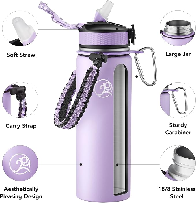 GOSWAG Insulated Sports Water Bottle, 24oz 2 Lids, Stainless Steel Water Bottles - Image 3