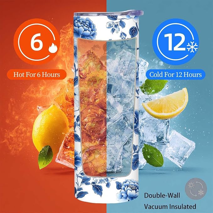 Firmiso 20 oz Tumbler｜Skinny Insulated Travel Mug｜Blue White Peony Chinoiserie - Image 6