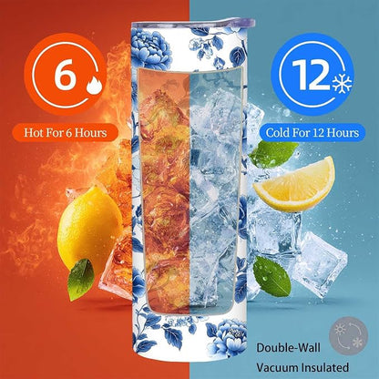 Firmiso 20 oz Tumbler｜Skinny Insulated Travel Mug｜Blue White Peony Chinoiserie - Image 6