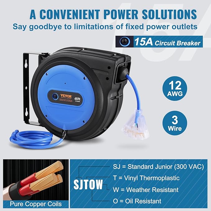 VEVOR 65FT Retractable Extension Cord Reel, 12AWG/3C SJTOW Heavy Duty Power - Image 4