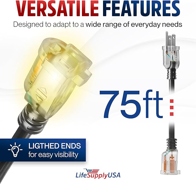 75ft Outdoor/Indoor Extension Cord 16/3 Gauge Heavy Duty 3 Prong SJTW, - Image 6