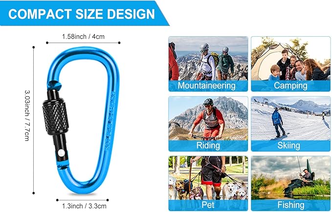 10 Pack Aluminum D Ring Key Rings Hiking Clips Locking Carabiner - Image 3