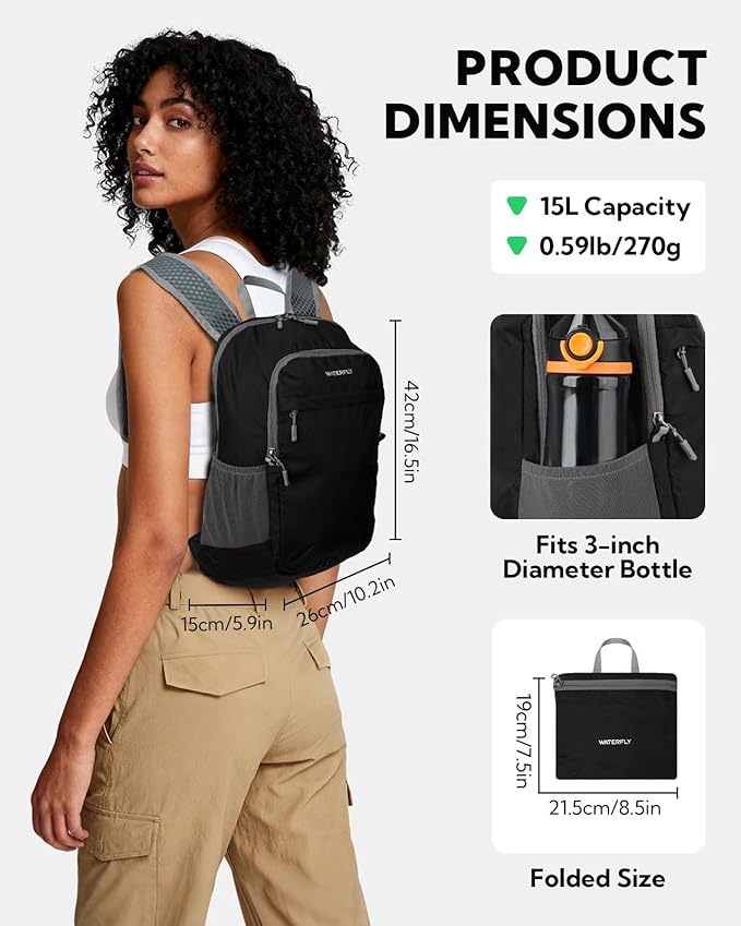WATERFLY Packable Lightweight Small Backpack: 15L Foldable Mini Hiking Daypack - Image 3