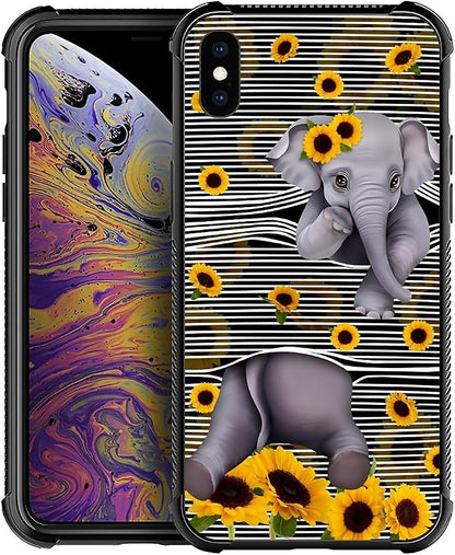 for iPhone X/Xs Case, Cute Little Elephant Sunflower White Line Art Pattern by FKBRCL4U