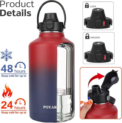 Water Bottle Insulated 32oz 40oz 64oz 128oz Straw Lid Spout Lid & 3 Lids - Image 2