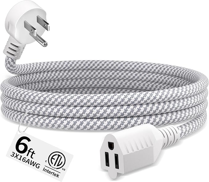 16 Gauge Braided Extension Cord 6 FT, 16/3 Flat Plug Power Cord Indoor by Seeklyze
