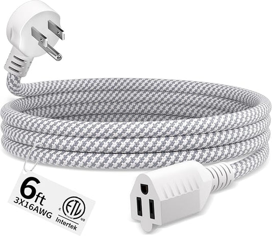 16 Gauge Braided Extension Cord 6 FT, 16/3 Flat Plug Power Cord Indoor by Seeklyze