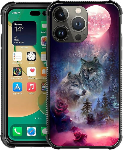for iPhone 13 Pro Case, Star Two Wolfs Howling Pattern Graphic Design Girl Boy by FKBRCL4U