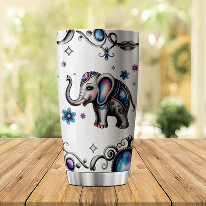 Cute Colorful Elephant With Floral Jewel Design Stainless Steel Tumbler - Image 3