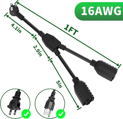 Elecan 3-Prong Y Splitter Power Extension Cord 1 FT, 45-Degree Angled Flat Plug - Image 2