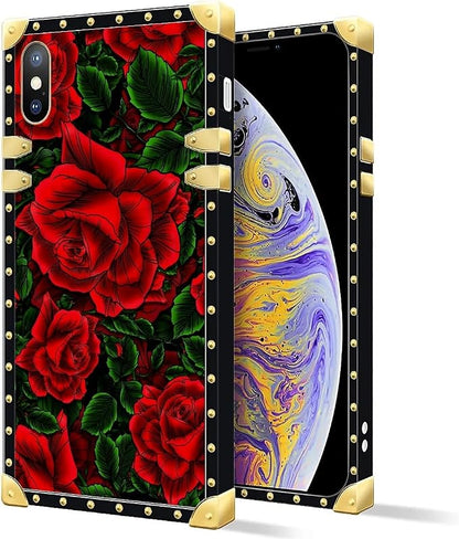 Compatible with iPhone XR Case, Vector Red Rose Green Leaf Luxury Golden - Image 2