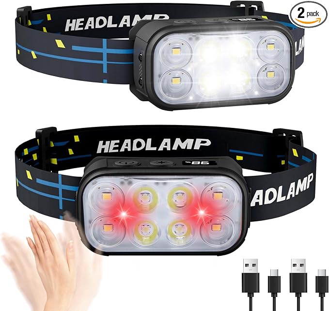 Headlamp Rechargeable 2 Pack, Super Bright LED Head Lamp, 1500 Lumen, 12 Modes by Eirnvop