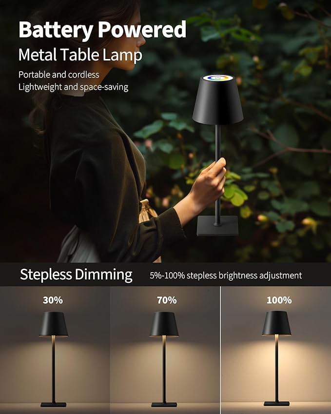 KDG 2 Pack Cordless Table Lamp, RGB Color Stepless Dimming Up, 4000mAh Battery - Image 4
