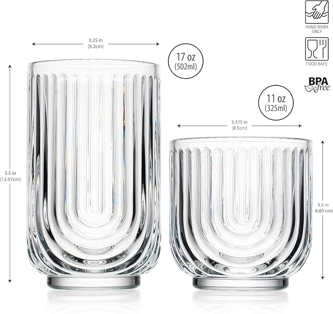 Glaver's 16-Piece Drinking Glass Set, Art Deco Ribbed Arch Design, 17oz - Image 4