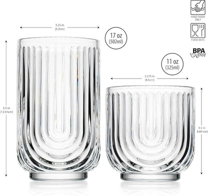 Glaver's 16-Piece Drinking Glass Set, Art Deco Ribbed Arch Design, 17oz - Image 4