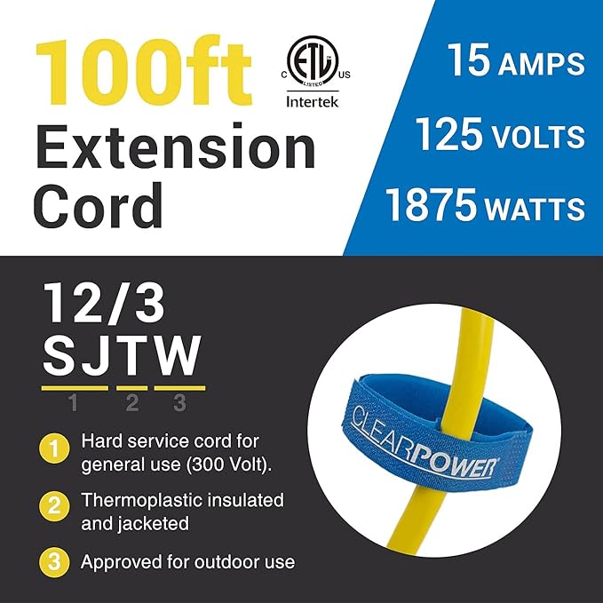 Clear Power 100 ft 12/3 SJTW Heavy Duty Outdoor Extension Cord, Water & Weather - Image 8