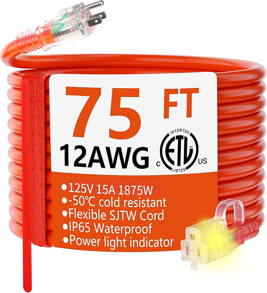 HUANCHAIN 12/3 Gauge Heavy Duty Outdoor Extension Cord 75 ft Waterproof by huanchain