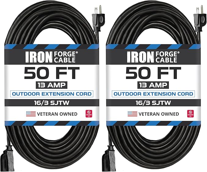 Iron Forge Cable 2 Pack 50 Ft Black Extension Cord, 50 Foot Extension Cord by IronForgeCable