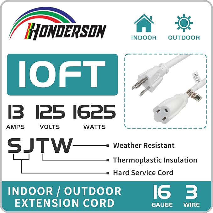 Indoor Outdoor Extension Cord Weatherproof, UL Certified, 16 Gauge 10FT White 3 - Image 3