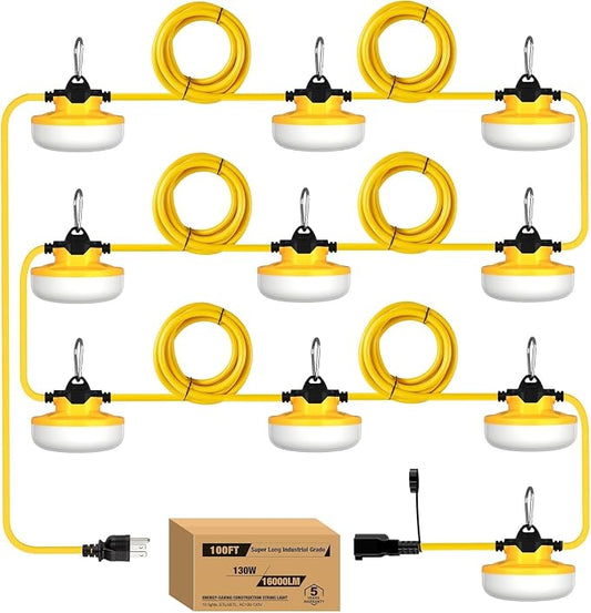 100FT Construction String Lights 3Prong Temp Lighting, 130W 16000LM Industrial by LightingYourBusinessFuture