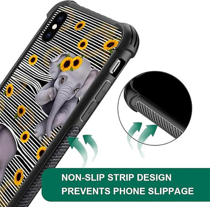 for iPhone Xs Max Case, Cute Little Elephant Sunflower White Line Art Pattern - Image 6