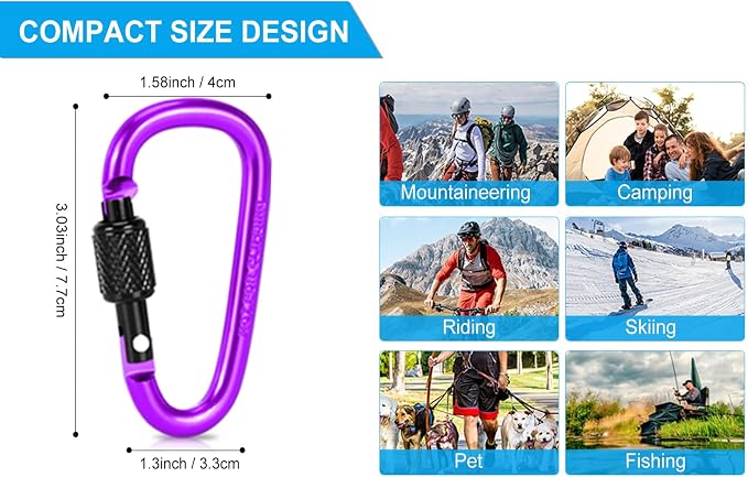 10 Pack Aluminum D Ring Key Rings Hiking Clips Locking Carabiner - Image 3