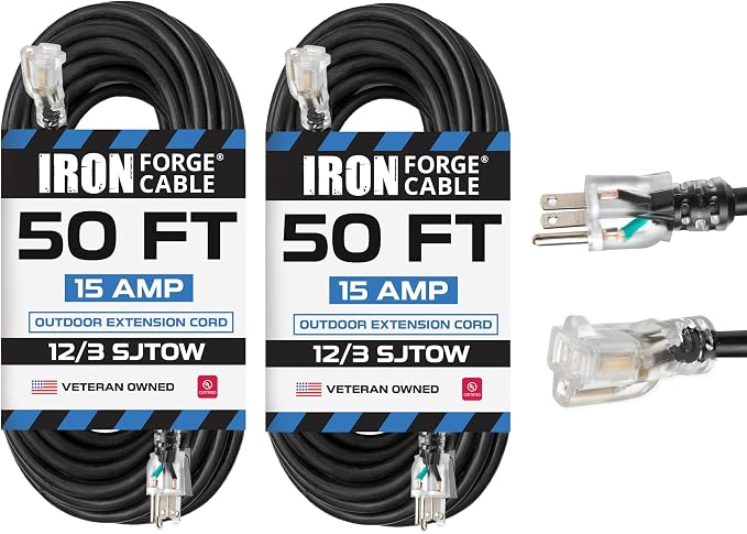 Iron Forge Cable 2 Pack 12 Gauge Outdoor Extension Cord 50 Ft, SJTOW 12/3 Heavy by IronForgeCable