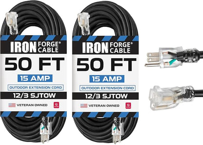 Iron Forge Cable 2 Pack 12 Gauge Outdoor Extension Cord 50 Ft, SJTOW 12/3 Heavy by IronForgeCable