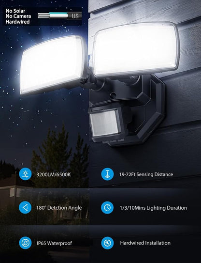 Onforu 32W 2 Head Motion Sensor Outdoor Lights, 3200LM 6500K Hardwired LED - Image 3