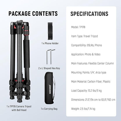 NEEWER Basics Carbon Fiber Travel Tripod Monopod, Arca Type Ball Head, Max Load - Image 9