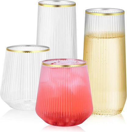 48 Pack Ribbed Plastic Wine Glasses – 24 x 9oz Stemless Champagne Flutes & 24 x by BELLAFORTE