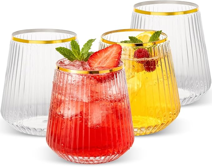 Goodluck 36 Pack 12oz Stemless Plastic Wine Glasses – Clear Ribbed Cups by GoodLuck