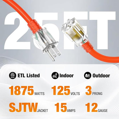 Outdoor Extension Cord 25 FT Waterproof, 12/3 Gauge Heavy Duty 3 Prong Power - Image 2