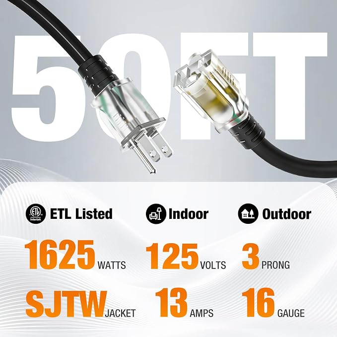 50 FT Outdoor Extension Cord Waterproof, 16/3 Gauge Heavy Duty 3 Prong Power - Image 2