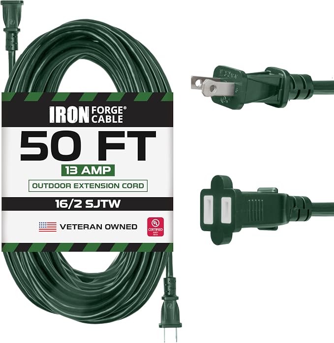 Iron Forge Cable 2 Prong Outdoor Extension Cord 50 ft, 16/2 Weatherproof Green by IronForgeCable