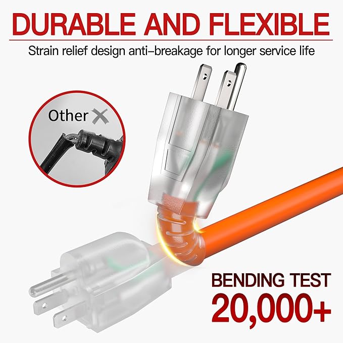 25 FT 12 Gauge Extension Cord Outdoor, Heavy Duty Weatherproof & Flame - Image 4