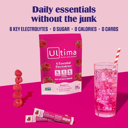 Ultima Replenisher Daily Electrolyte Powder – Raspberry, 20 Stickpacks – Zero - Image 2