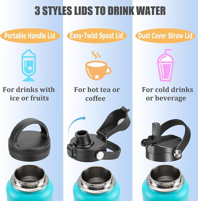 Water Bottle Insulated 32oz 40oz 64oz 128oz Straw Lid Spout Lid & 3 Lids - Image 5