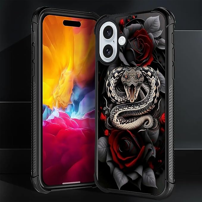 for iPhone 16 Case, Entwined Rose Snake Pattern Graphic Design Girl Boy Soft - Image 2
