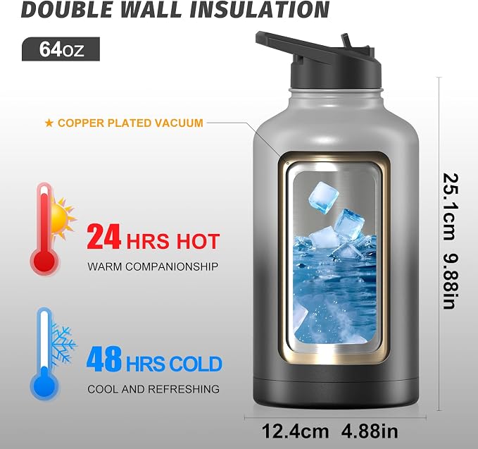 64oz Insulated Water Bottle, BPA Free&Leak Proof, Half Gallon Stainless Steel - Image 2