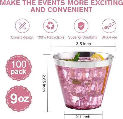 I00000 100PCS Silver Plastic Cups, 9 oz Clear Plastic Cups - Image 2