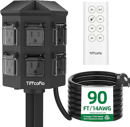 Outdoor Power Strip with 90FT Extension Cord, 100FT Remote Control, Dusk to by TiFFCOFiO