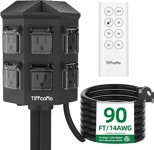 Outdoor Power Strip with 90FT Extension Cord, 100FT Remote Control, Dusk to by TiFFCOFiO