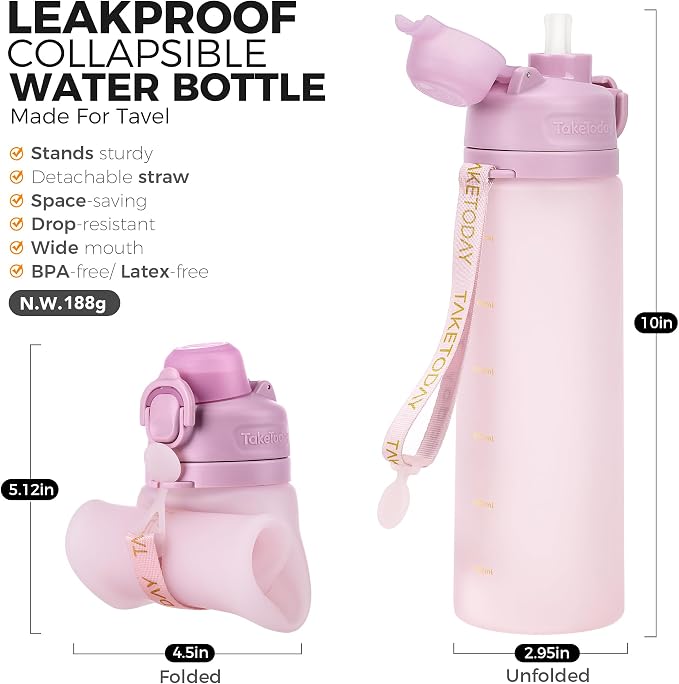 TakeToday Collapsible Water Bottles 21oz, Foldable Platinum Silicone Travel - Image 2