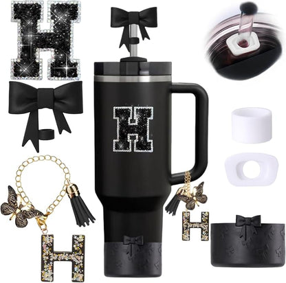 6pcs Black Stanley Cup Accessories Set, Bow Straw Topper by MOTEERLLU
